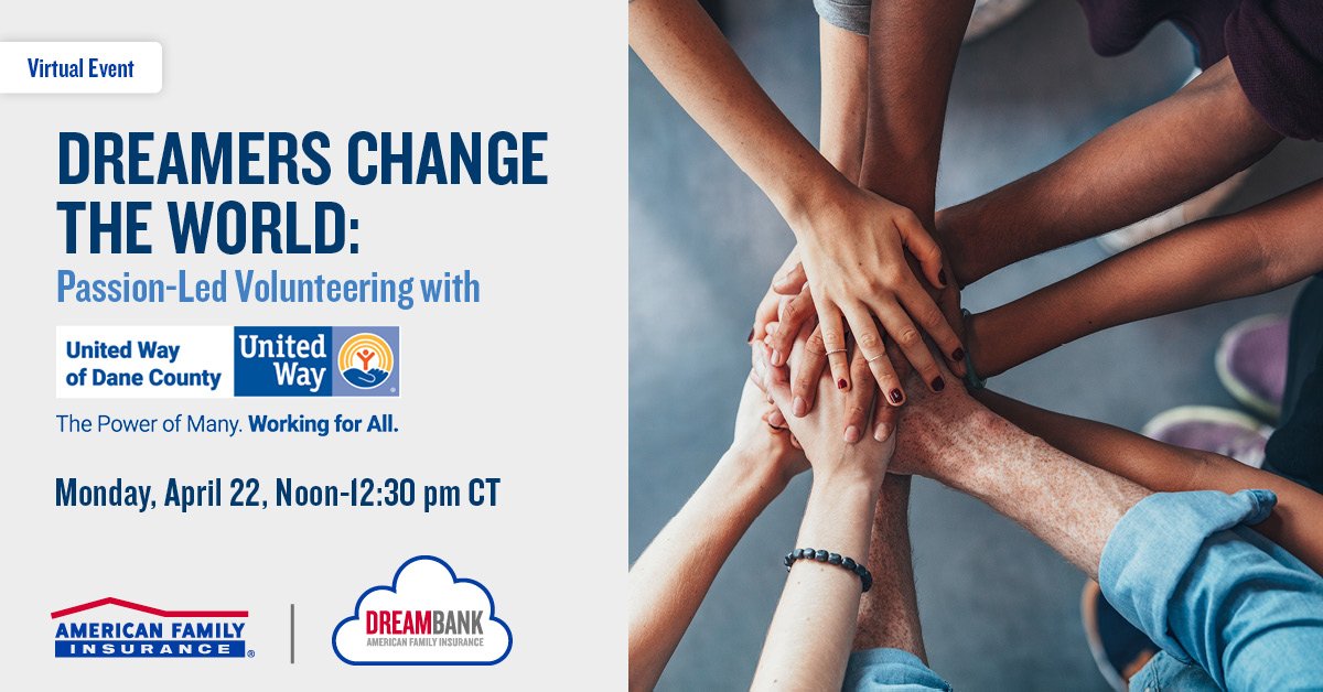 Want to make a difference in your community but unsure where to start? Join @DreamBankMSN's virtual event with @UnitedWayDaneCO. Learn to navigate the diverse volunteer landscape and find what aligns with your personal purpose and passion. #iWork4AmFam bit.ly/3xxgyZF