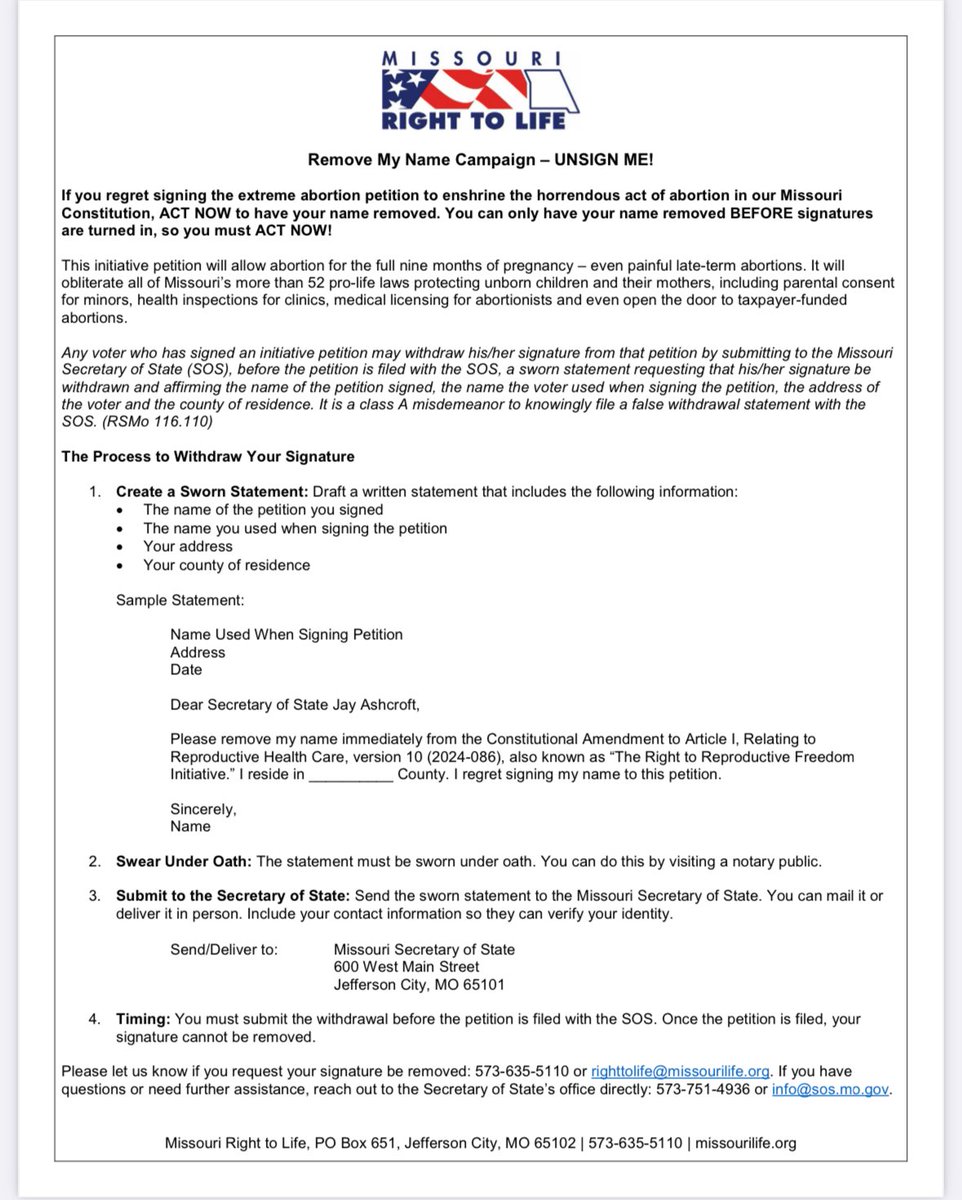 If you signed the radical pro-abortion petition by mistake, or because of deception, you can Remove Your Name! See instructions from ⁦@MORight2LifePAC⁩ below.