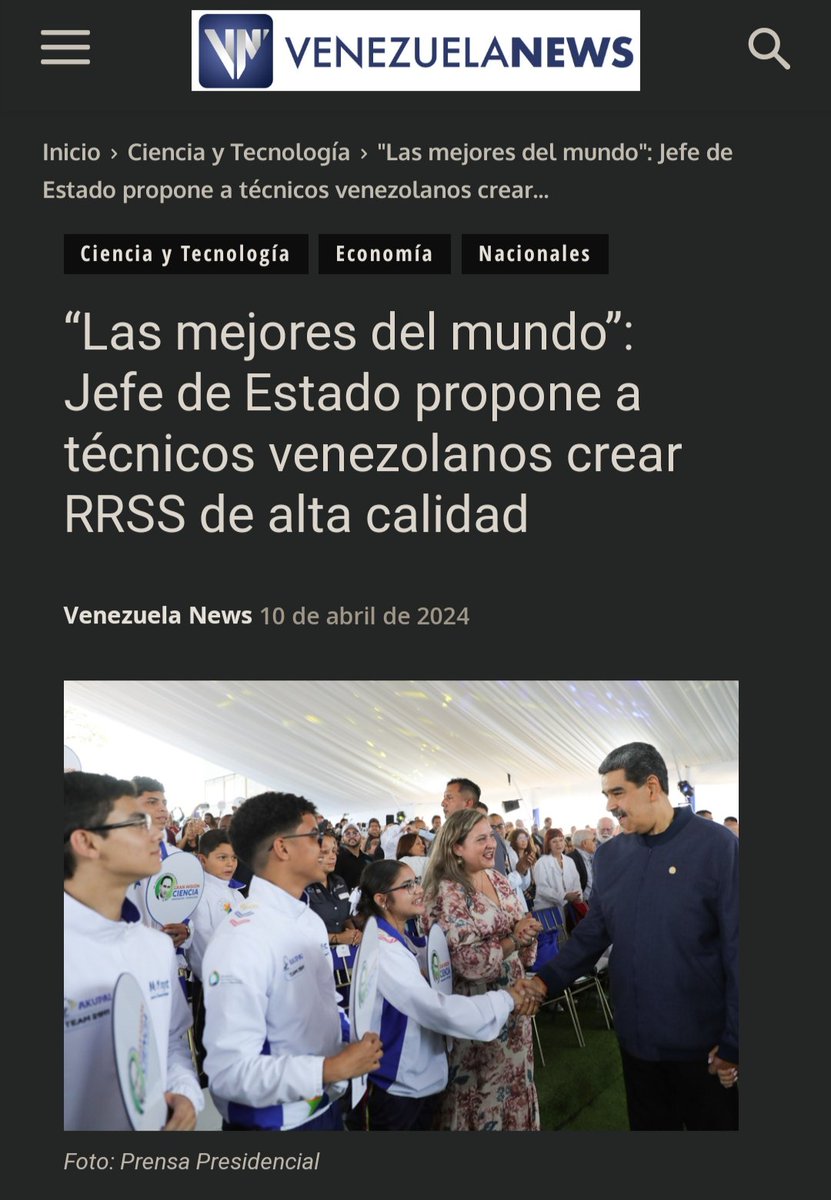 'Las mejores del mundo' El presidente de la República, @NicolasMaduro, propuso a científicos, técnicos e innovadores venezolanos, crear redes sociales de alta calidad y que impulsen la paz, la cultura y fortalezcan la salud mental. Durante el lanzamiento de la Gran Misión…