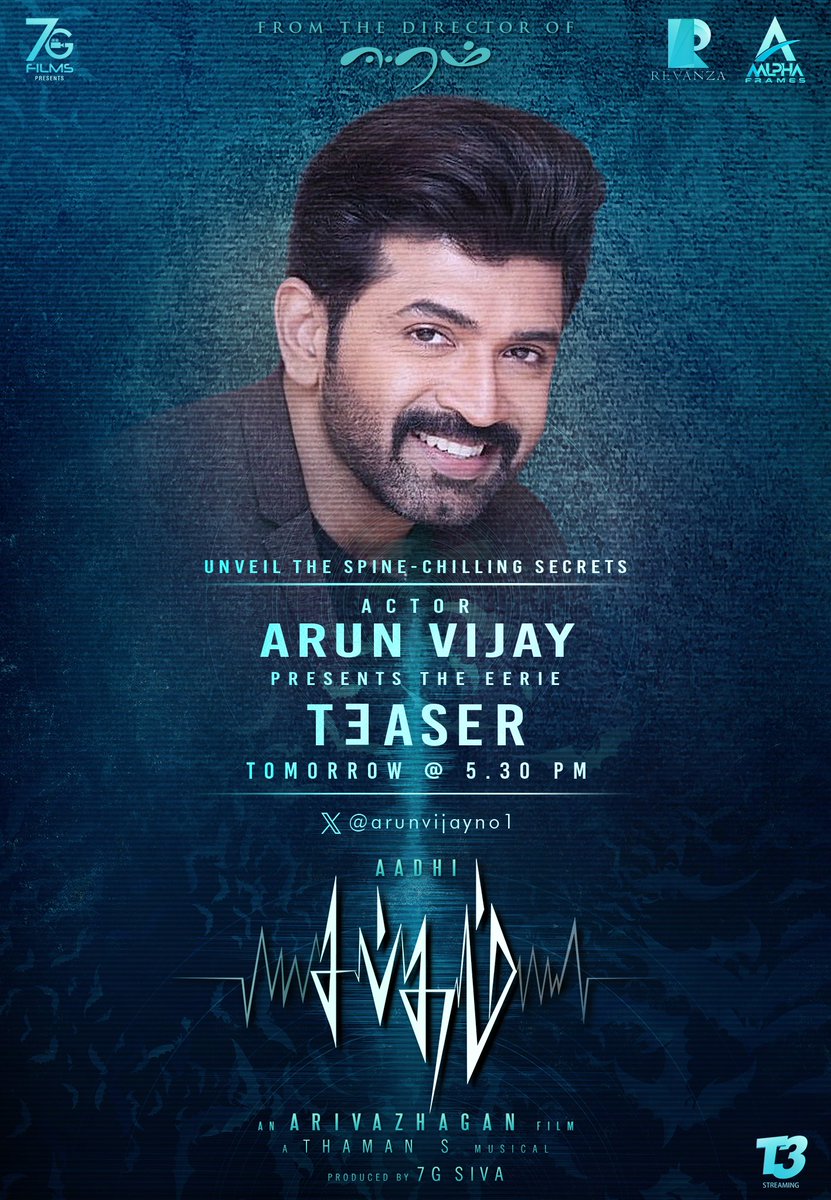 The anticipation crescendos! Prepare to unravel the mysteries in the #Sabdham Teaser, releasing tomorrow at 5:30 PM by Actor @arunvijayno1💥 Starring @AadhiOfficial An @dirarivazhagan Film A @MusicThaman Musical Produced by @7GFilmsSiva @Aalpha_frames @SimranbaggaOffc…