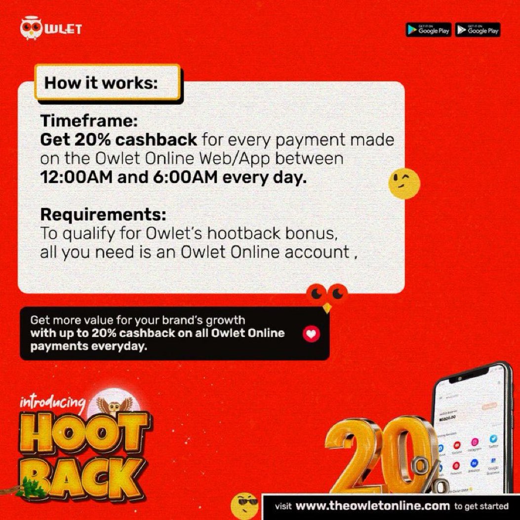 Here’s a chance to get 20 percent cashback on payment from @theowletonline 
Owlet cares about their customer. 

Check below to know how it works👇

Simply visit 👉 theowletonline.com to get started🚨🚨