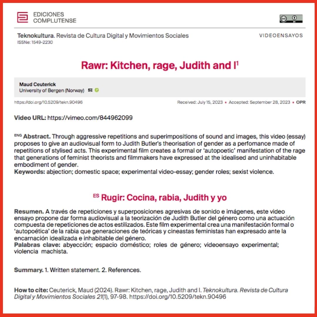 teknokultura's tweet photo. #NuevoNúmeroTK #conderechoalarabia #videoensayos

Ceuterick M. (2024). Rawr: Kitchen, rage, Judith and I.
https://t.co/aZwNUKmQsD

https://t.co/TCY5HfUkwk

#teknokultura #sociologia #politicas #UCM   #abyección #espaciodoméstico #rolesdegénero #rolesdegenero  #violenciamachista https://t.co/2uuS8UuilD