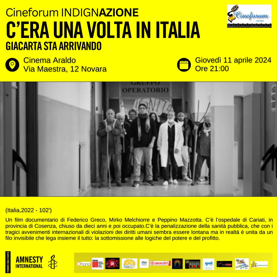 Oggi a NOVARA: Cineforum IndignAZIONE Giovedì 11 aprile 2024, ore 21:00 Cinema Araldo, Via Maestra 12, #Novara C'ERA UNA VOLTA IN ITALIA - Giacarta sta arrivando (Italia, 2022 - 102') Info: gr046@amnesty.it @amnestyitalia @AmnestyNovara