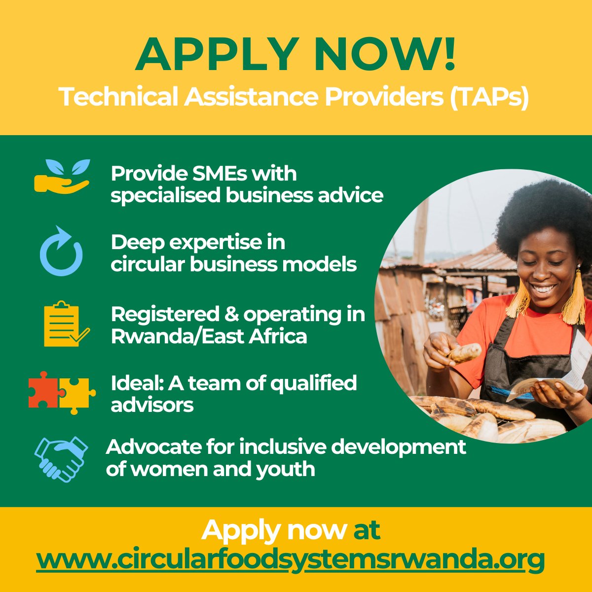 The Circular Food Systems for Rwanda program is looking for technical assistance providers! 🌾 If you have hands-on experience in circular business models, value chains, and waste streams in Rwanda/East Africa, apply now ➡️ bit.ly/49W684d #CircularFoodsRW
