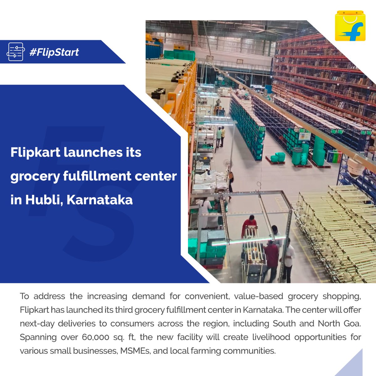 Flipkart launches its 3rd grocery fulfillment center in #Karnataka to cater to the rising demand for value-based and convenient grocery needs. The new facility has a dispatch capacity of over 9,000 orders per day across Hubli and its neighboring regions. @Flipkart remains…