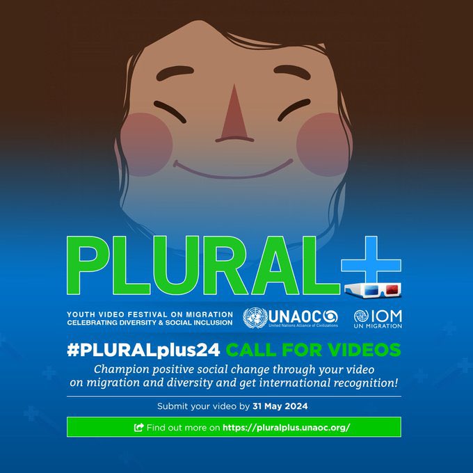 Are you 25 years or younger? Interested in 🎞 Send a video illustrating your views on migration, diversity, social inclusion and the prevention of xenophobia to the #PLURALplus23 Youth Video Festival! 🗓️ Deadline for submission: 31 May 2024 Learn more: pluralplus.unaoc.org