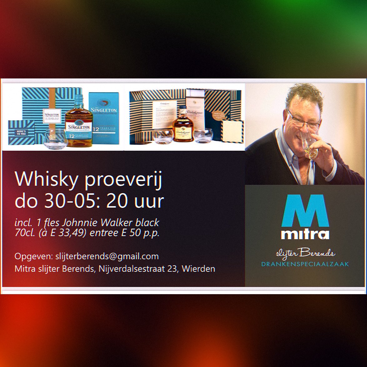 U kunt nu reserveren voor de 1e proeverij als Mitra slijter Berends in Wierden. Inloop vanaf 19:30 uur met bijpassende hapjes. De prijs van € 50,00 p.p. is inclusief een fles Johnnie Walker black label 70cl. t.w.v. € 33,49. Mail daarom snel slijterberends@gmail.com
VOL is VOL!