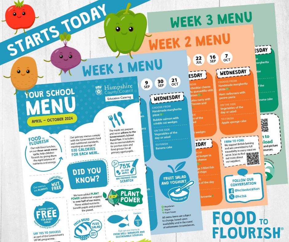 Our #New #Classics primary menu starts today.  
Ask parents/carers to view or download their favourite version from our selection of colourful resources by clicking here bit.ly/3IOX0mf
@hantsconnect @LACA_UK #FoodToFlourish
🍽️👩‍🍳