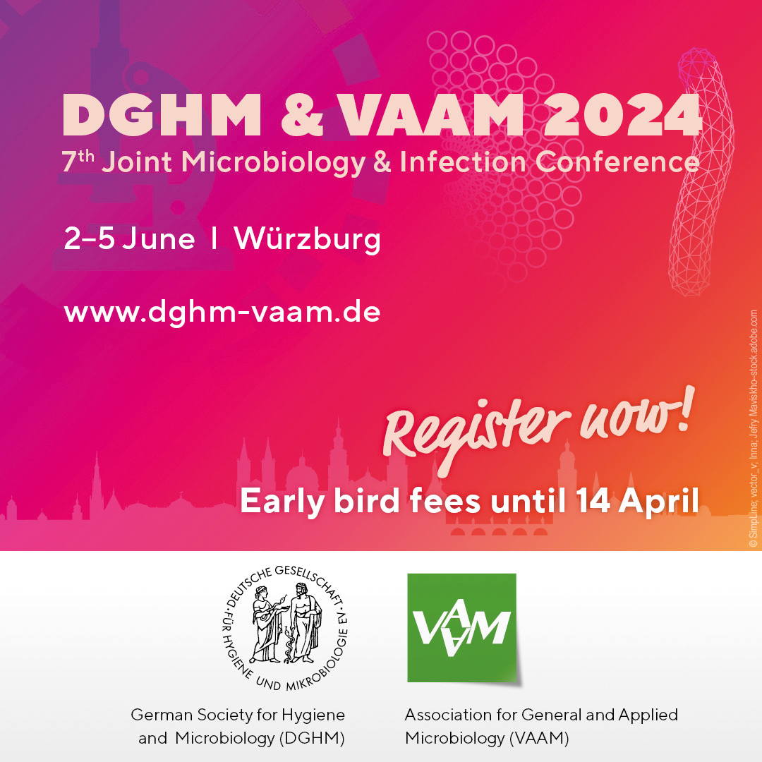 ⏰ Take your chance to get a discounted ticket for #DGHMVAAM2024 👉 Our early bird registration ends on Sunday 🔗 t1p.de/nlfcw #vaamdghm2024 #VAAM #dghm #hygiene #mikrobiologie #microbiology #microbes #viruses #infektionsmedizin #infectionmedicine