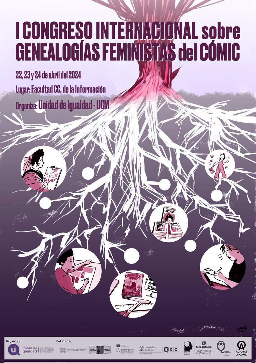 Ya está casi aquí. @UCMigualdad organiza el I Congreso Internacional de Genealogías Feministas del Cómic. El diseño de cartel es de la artista @susannamarteen. @Comic_ECC_UAH @CatedraComic @iCOn_MICS @AutorasComic