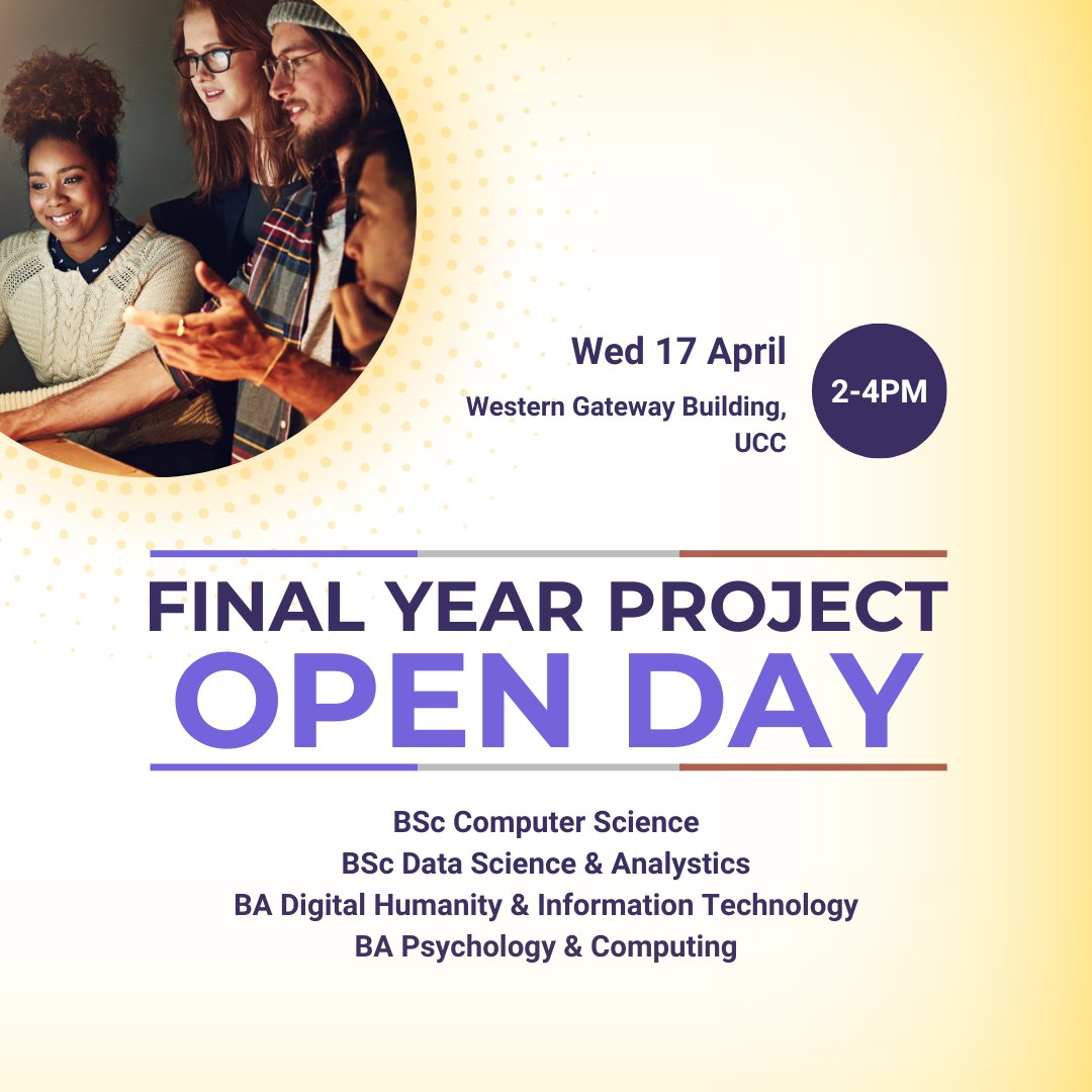 Join us for the CSIT Final Year Project Open Day next Wednesday, April 17 as part of UCC Innovation Week! Explore final year projects by our students from 2-4pm at the Western Gateway Building. All are welcome. #ComputerScienceUCC #UCCInnovationWeek