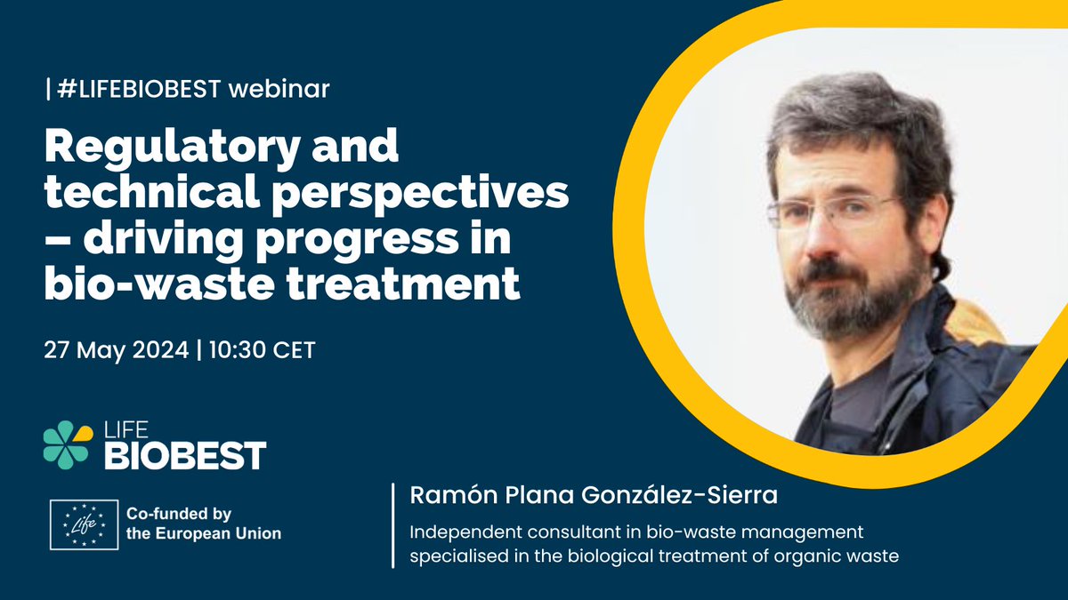 On May 27, #LIFEBIOBEST is hosting its next webinar on the technical aspects of #biowaste treatment 🌱🚜 The first speaker to join us is Ramón Plana González-Sierra, an independent consultant specialising in biological treatment of #organics. Register: zurl.co/HZ8o