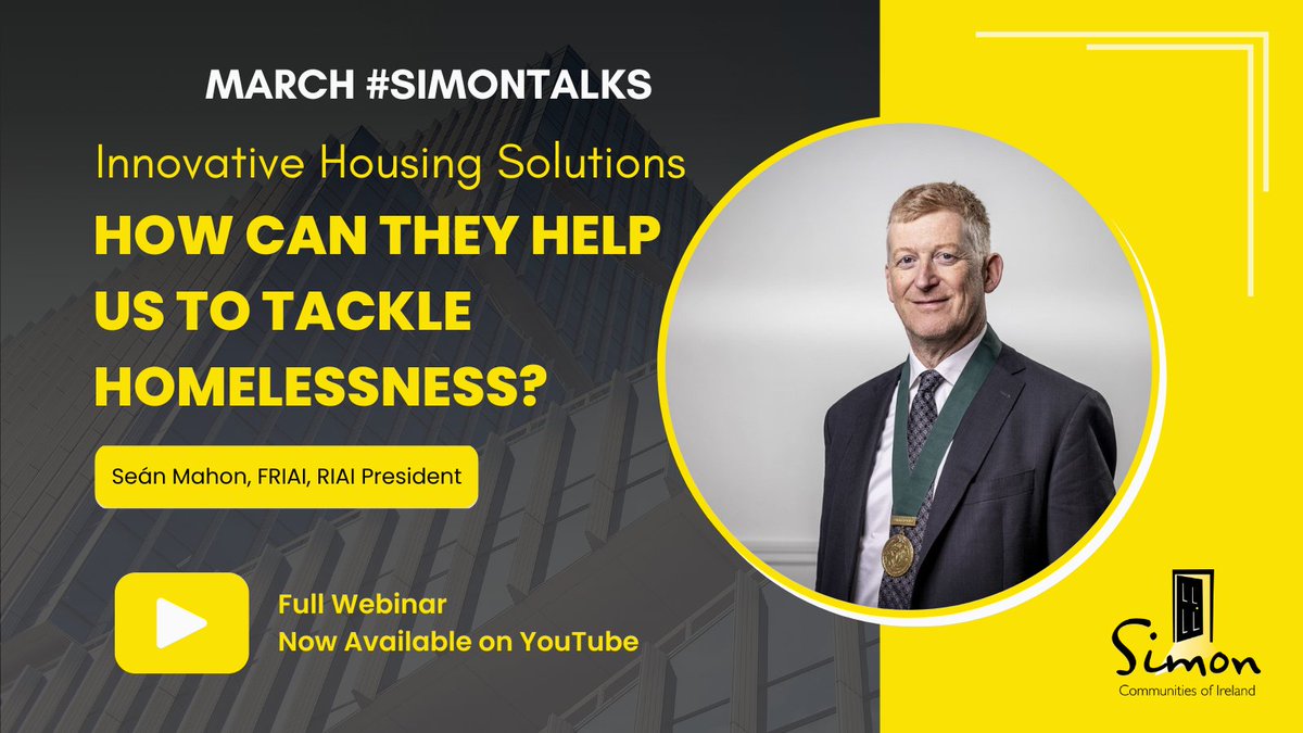 Last month’s #SimonTalks, featured Seán Mahon, FRIAI, @RIAIOnline President for a discussion on innovative and alternative housing 🏘

For those who missed this session, the full webinar is now available through the link below or on our YouTube Channel