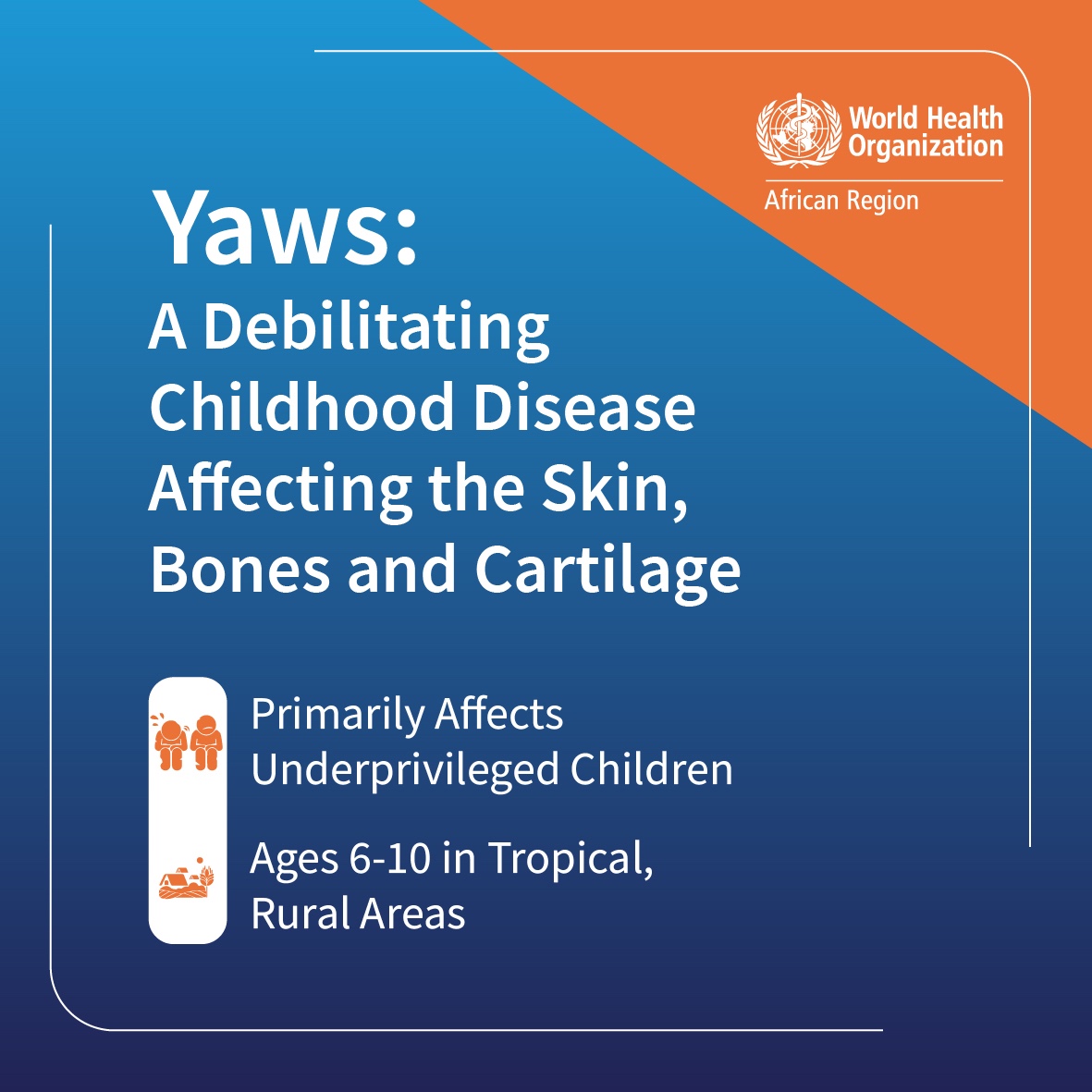 Yaws is a debilitating childhood disease affecting the skin, bones, and cartilage. It primarily affects children living in vulnerable conditions aged 6 to 10 in tropical, rural areas. Early detection and adequate treatment are crucial for preventing disability. #EndYaws