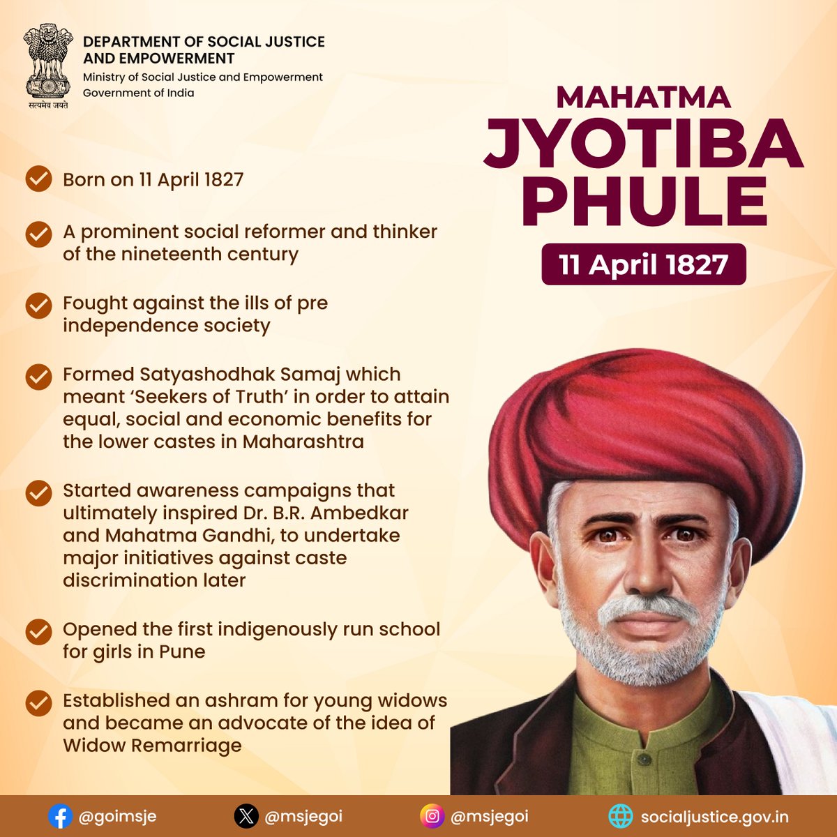 'Remembering the visionary social reformer Jyotirao Phule on his Jayanti today. His legacy of empowerment, equality, and education continues to inspire generations. #JyotiraoPhuleJayanti #SocialReformer #EqualityForAll'