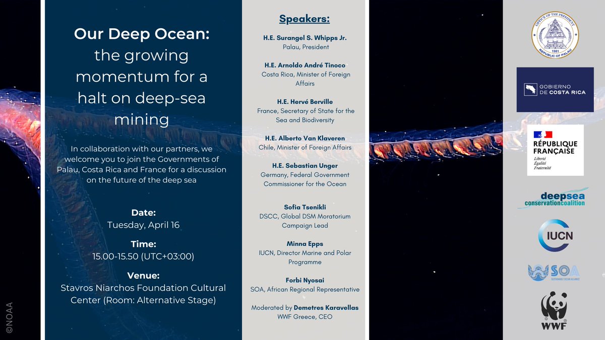 Are you at @OurOceanGreece? Join us for our side-event co-organised with the govts of Palau🇵🇼 France🇫🇷 and Costa Rica🇨🇷. We will discuss the growing movement calling for a moratorium on #DeepSeaMining and the future of the #DeepSea. Don't miss it! 📌 @SOAlliance @IUCN @WWFGreece