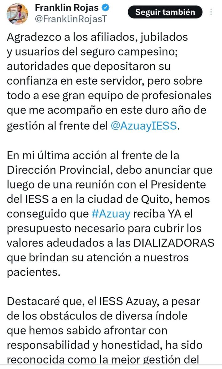 .@FranklinRojasT informa su salida de la Dirección Provincial #Azuay del IESS y anuncia que se consiguió el presupuesto para pagar a las Dializadoras.