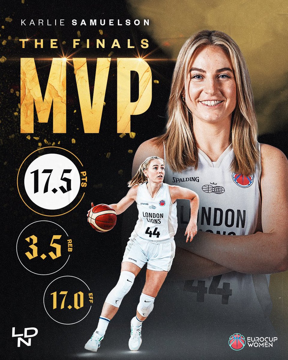 Your 2023/24 @EuroCupWomen MVP… Karlie Samuelson!! 🦁⭐️ Over two legs ⤵️🔥 Game 1: 16 PTS | 4 REB | 13 EFF Game 2: 19 PTS | 3 REB | 2 AST | 21 EFF @ksam44 | #WeAreLondon #EuroCupWomen #HearOurRoar