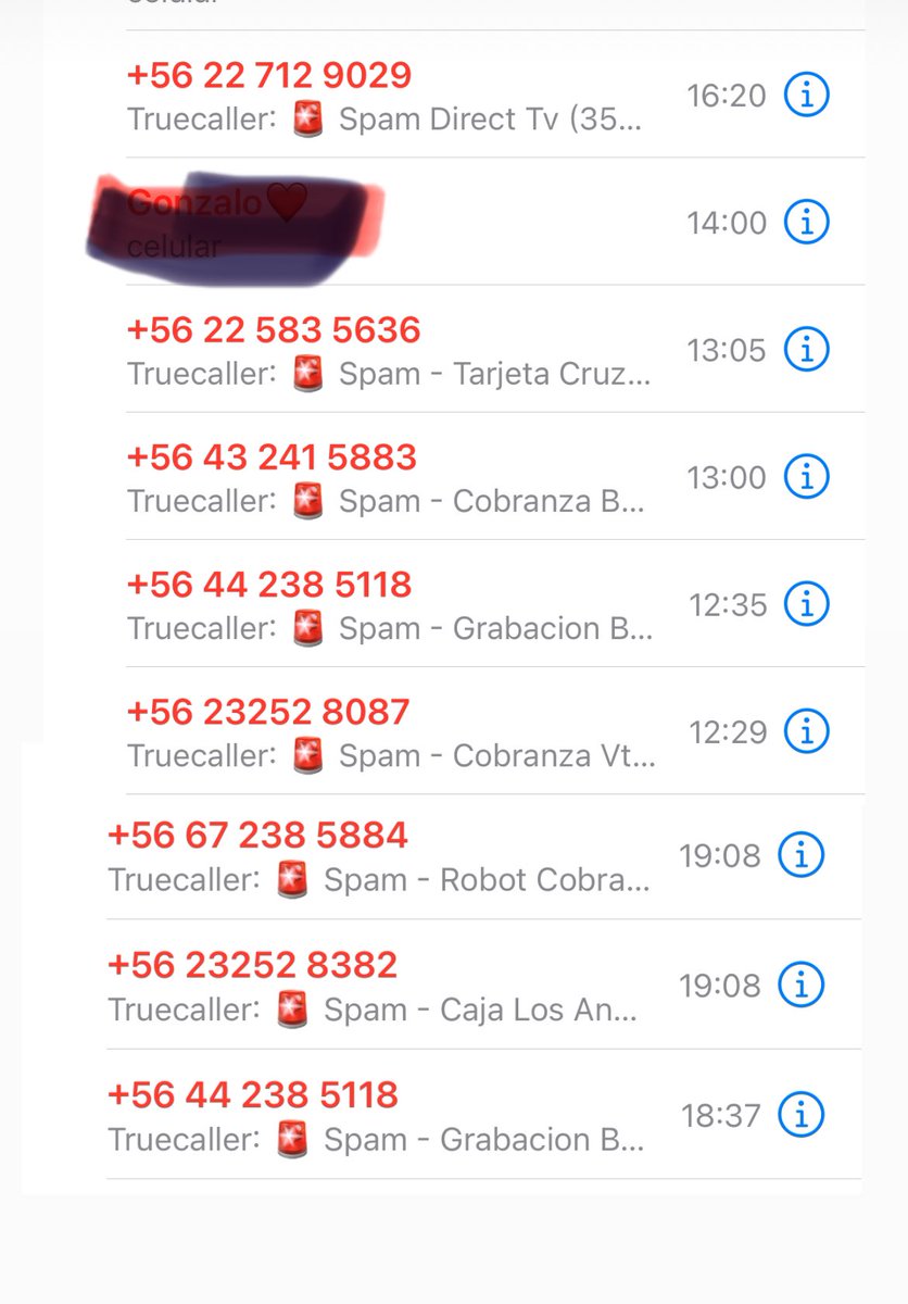 Estas son algunas de las llamadas spam/basura de ayer. Son más, pues algunas no son detectadas por la aplicación. Bancos, retail, farmacias. Es molesto, desubicado (ni siquiera tengo cuenta o servicios contratados con ellos) y muy invasivo. C O R T E N L A!!