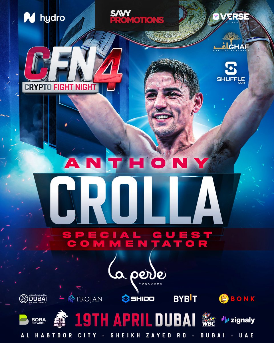 “MILLION DOLLAR” CROLLA! 🔥 We are proud to announce that former WBA World Champion @ant_crolla will be a Special Guest Commentator for #CFN4 👀 #️⃣ #CFN4 🥊 Ansem vs. Barney 📆 April 19th 📍 @laperledxb 🎟️ scldr.co/CFN4Tickets