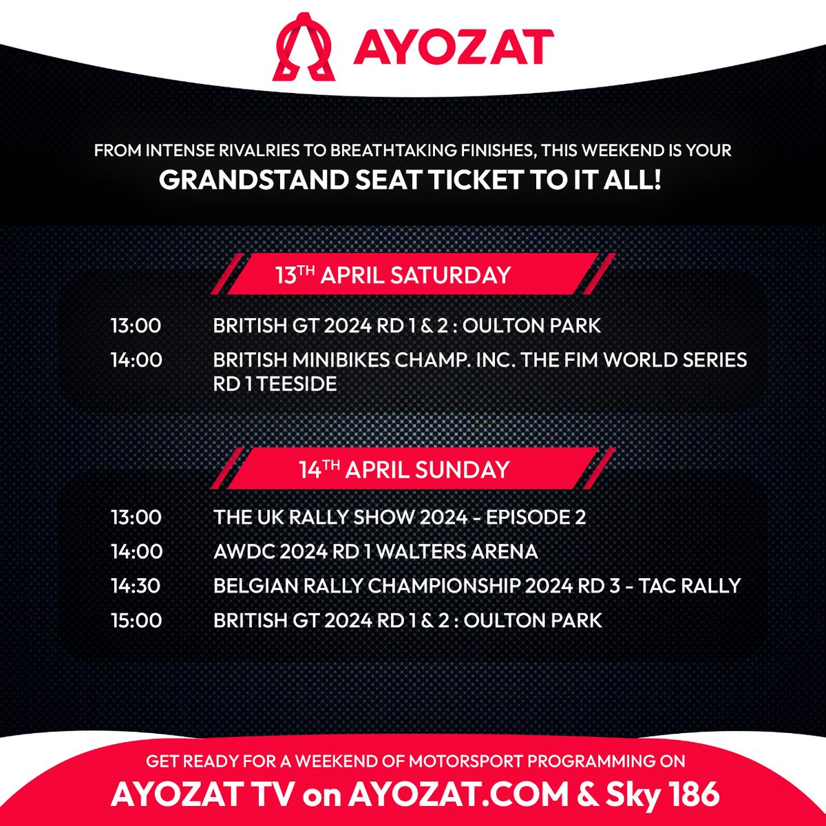 Rev up your engines! Don't miss the motorsport extravaganza this weekend, starting from 1pm on Ayozat TV at Sky 186 and ayozat.com. Tune in and fuel your passion for motorsport!
#motorsport #cars #racing #action #weekendracing