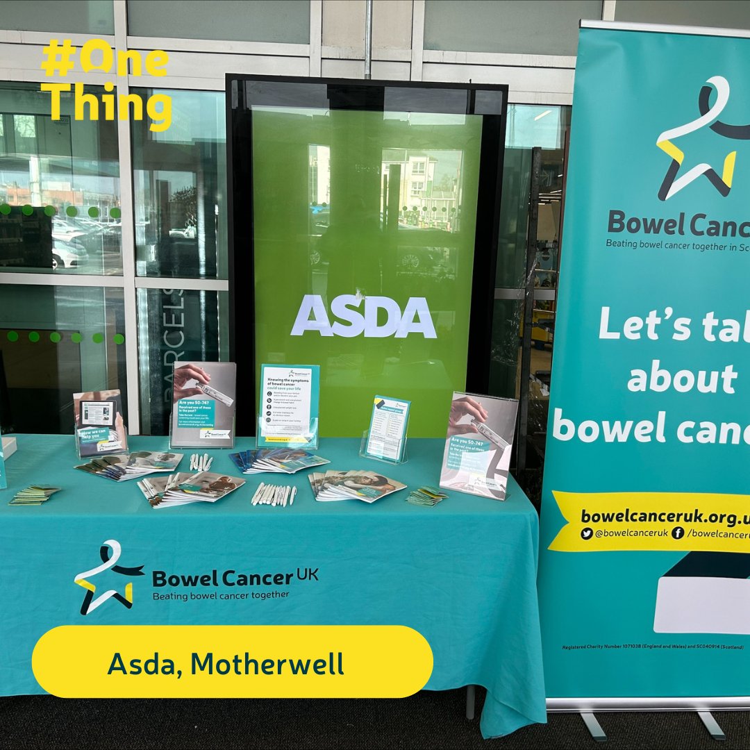 #OneThing we're doing today is raising awareness of #BowelCancer. Our incredible staff and volunteers are in @Tesco at St Mellons and @asda in Motherwell. Come see us and find out about the disease, what to look for and support available💛 #BowelCancerAwarenessMonth