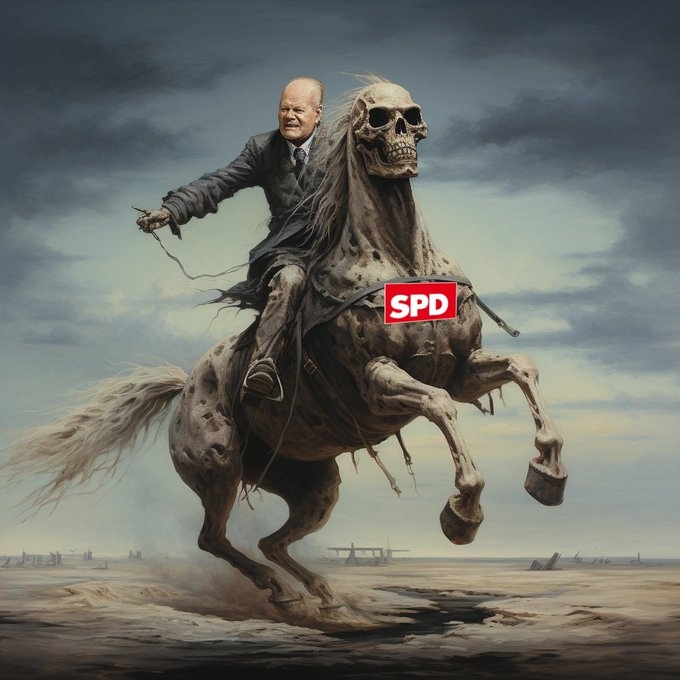 Das tote Pferd der SPD: Scholz im Niedergang, OHNE Führungsstärke, besitzt nicht die Courage, die Vertrauensfrage zu stellen !! SCHOLZ + seine SPD: beide in VERWESUNG !! Nur noch ERBÄRMLICH.
