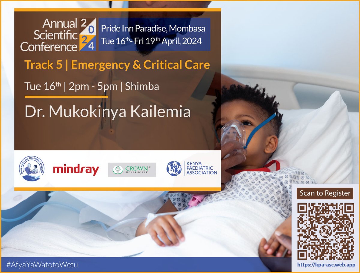 Join Dr. Mukokinya in track 5 at the #KPASciCon2024 & immerse yourself in dynamic discussions on Emergency & Critical Care that will grow your knowledge & help to redefine your approach to care for the critically ill child

To register: kpa-asc.web.app
#AfyaYaWatotoWetu