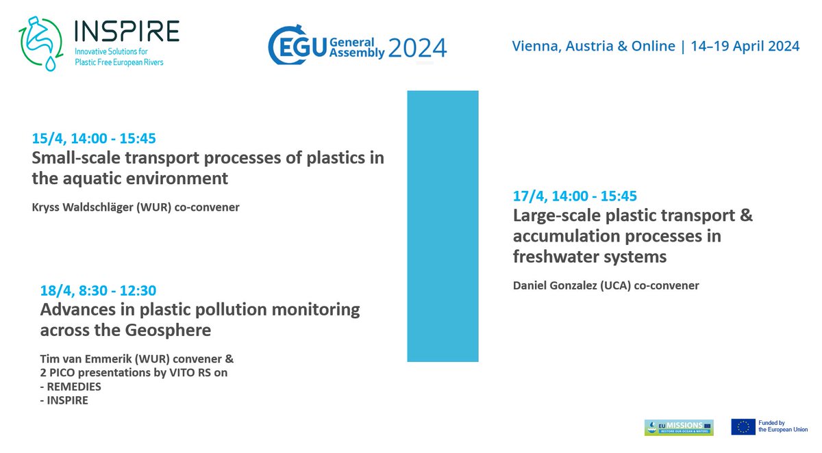 Getting ready for #EGU24! 📅 14-19/4 📍 Vienna, Austria Project partners @NoriaInnovators, @univcadiz, @WUR & @VITO_RS_ will guide you through interesting #plastic sessions: 🌊bit.ly/smallscaletran… 🌊bit.ly/largescaleplas… 🌊bit.ly/advancesinplas… #PlasticFreeRivers