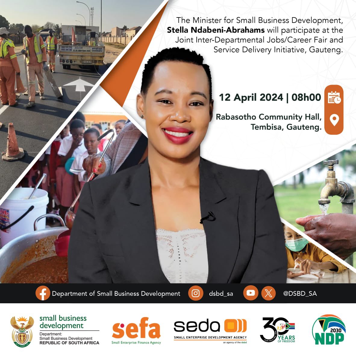 The Minister for Small Business Development, Ms Stella Ndabeni-Abrahams will participate at the Joint Inter-Departmental Jobs/Career Fair and Service Delivery Initiative in Tembisa, Gauteng on 12 April 2024.
#careeropportunities #careerfair #servicedelivery