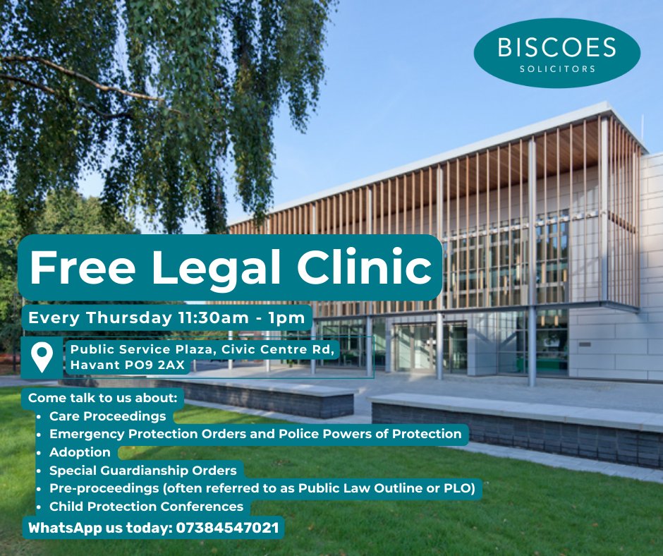 Join us at The Plaza in Havant every Thursday for a free legal clinic! Get the support you need and access valuable resources to help you navigate legal challenges. Don't miss this opportunity to receive expert guidance and support in your community.