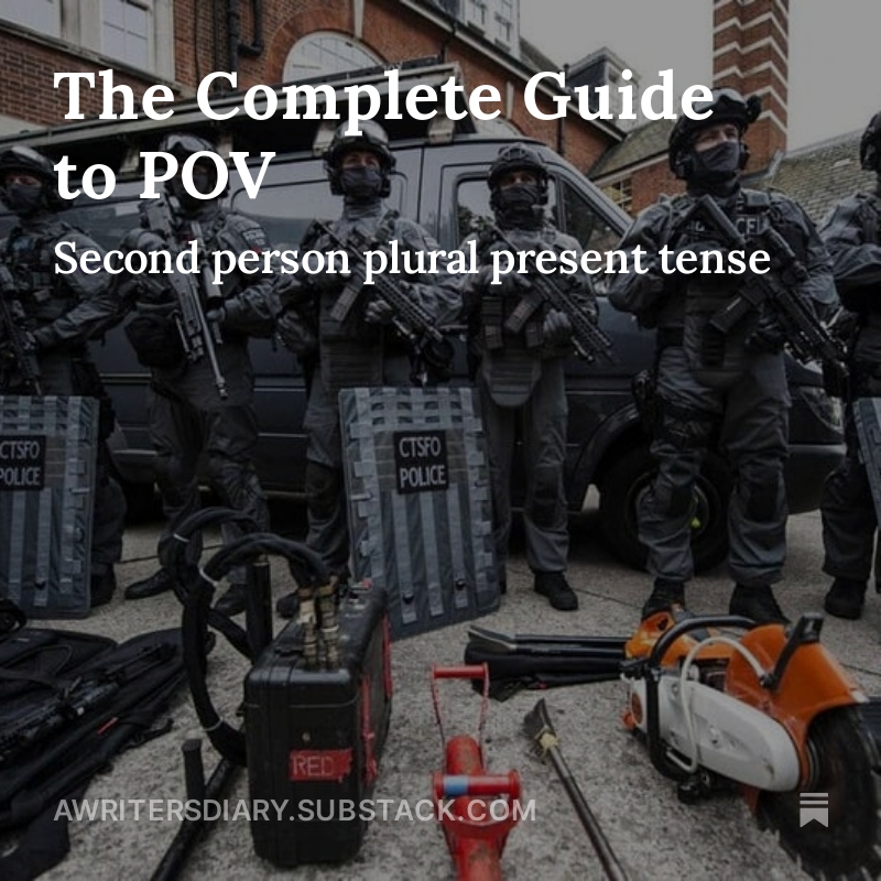 The second person plural present tense POV. If you have any extended examples from fiction, please let me know. The Complete Guide to POV continues. open.substack.com/pub/awritersdi…