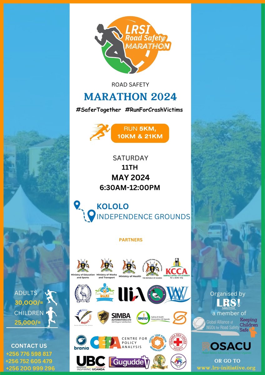 At only 30k for adults and 25k for children, you can secure your kit today and join the race. Don't forget, May 11, 2024, is the day. #SaferTogether #RunForCrashVictims