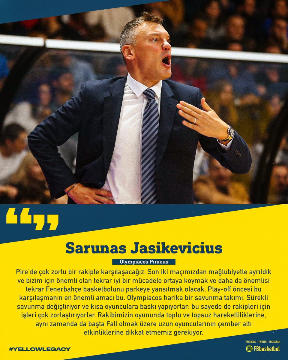 🎙️ Başantrenörümüz Sarunas Jasikevicius’un maç önü görüşleri. #YellowLegacy #EuroLeague