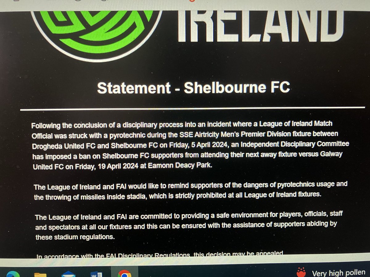 Ban for Shels travelling fans