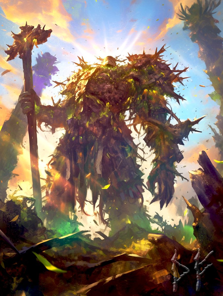 TaleOfCards's tweet image. 【ルーンから生まれるカード】
4/12のカードはソーンᚦ/フェオᚠ

巨人族：「セルヴァントス」
　巨大なトゲで覆われた森のような姿をした巨人。
　自然と調和し、外界の脅威から巨人族を守る。
 #AIart