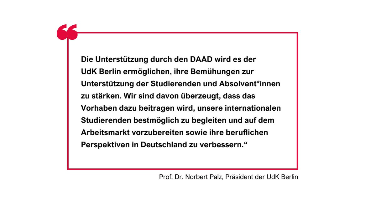 Die #UdKBerlin wurde vom @DAAD_Germany für eine Förderung von rund 1 Mio. Euro ausgewählt für das Projekt „FIT@UdK – Study Successfully And Start Your Career in Germany“ zur Berufsqualifizierung internationaler Studierender und Absolvent*innen. Mehr Infos: udk-berlin.de/service/stabss…