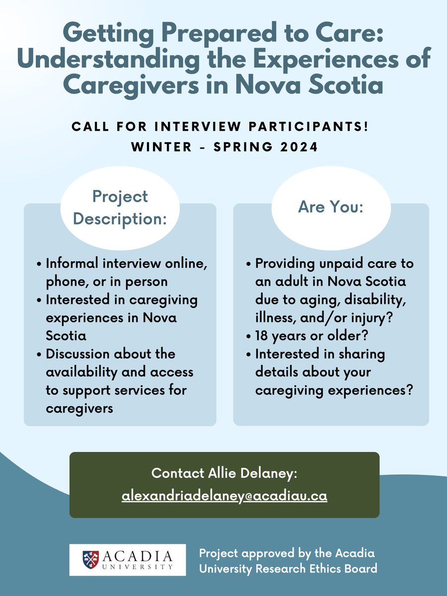 A research project at Acadia University is looking for caregivers to participate in their study. For full details or to sign up as a participant, please email alexandriadelaney@acadiau.ca

#braininjury #braininjuryresearch #braininjuryawareness #braininjurysupport #braininjuryns