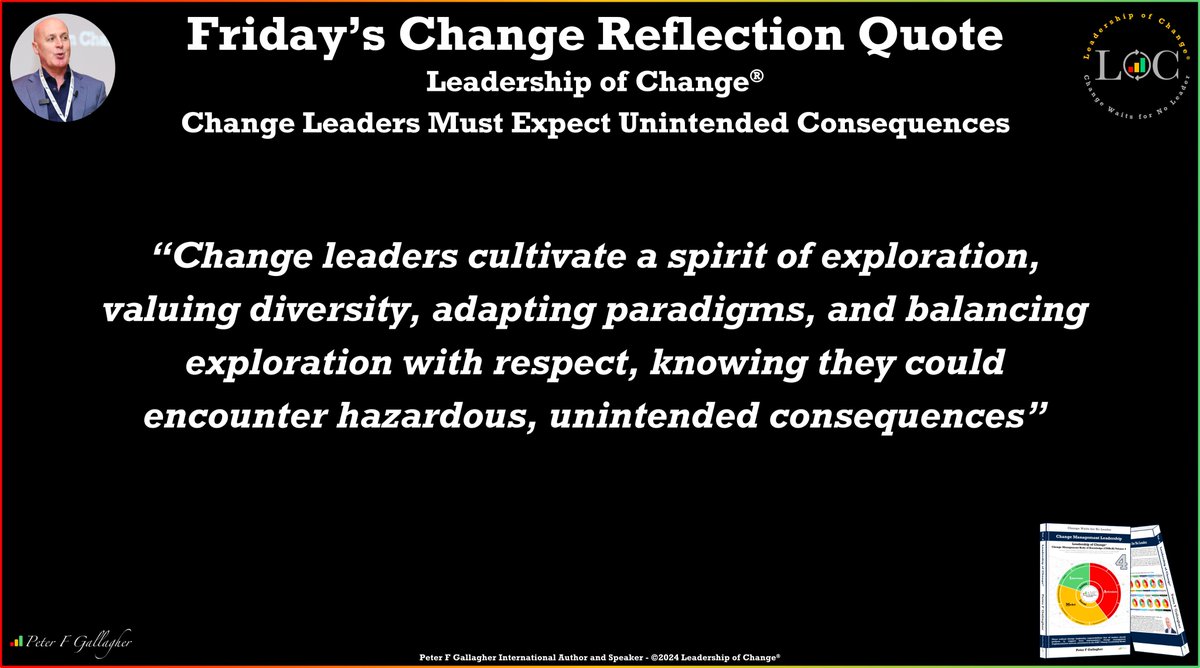 #LeadershipOfChange
Friday’s Change Reflection Quote
Change leaders cultivate a spirit of exploration, valuing diversity, adapting paradigms, and balancing exploration with respect, knowing they could encounter hazardous....
#ChangeManagement
rb.gy/9u541k