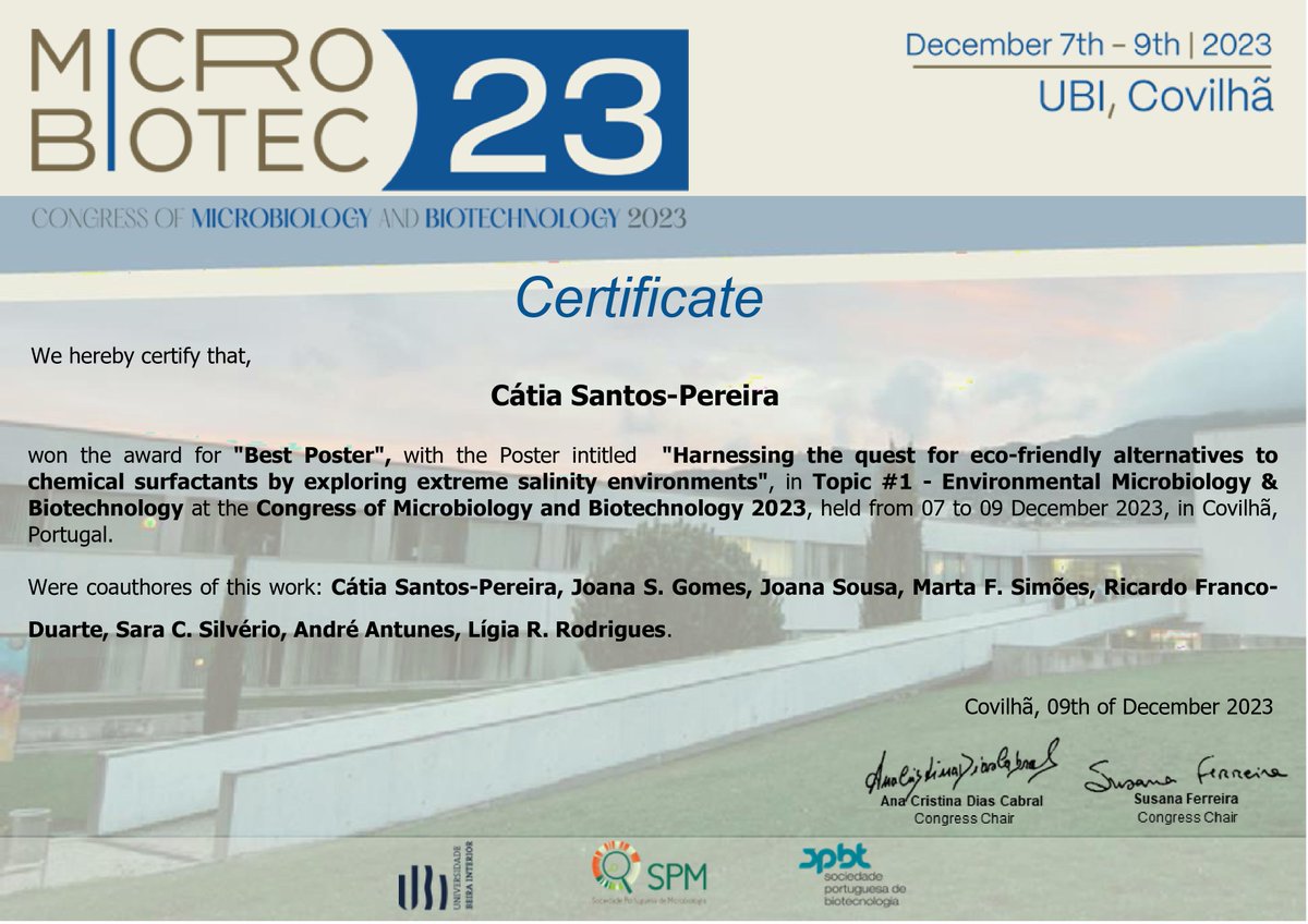 B3iS_Project's tweet photo. Our researcher Cátia Pereira was awarded a Best Poster Prize in the @Microbiotec23 congress with the work "Harnessing the quest for eco-friendly alternatives to chemical surfactants by exploring extreme salinity environments".
@SPBiotecnologia
https://t.co/iWhCqU4cz9 https://t.co/c2BWx8NQv9