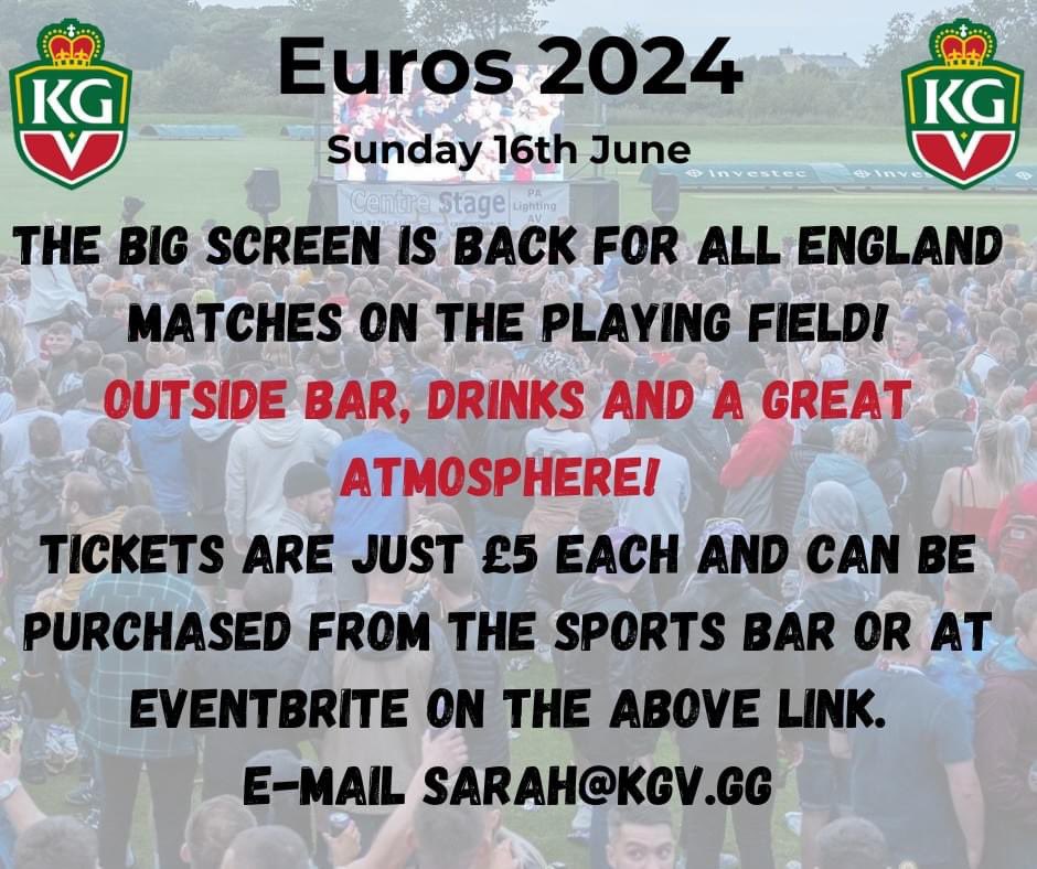 Tickets are on sale now! Just click on the link below or get yours from the Sports Bar! #attheheartofthecommunity #kgvguernsey 

eventbrite.com/e/euros-2024-e…