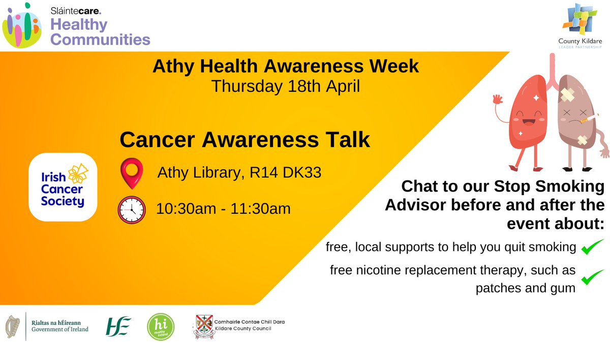 Join us at Athy Library on Thursday 18th April after @IrishCancerSoc Cancer Awareness Talk,  to talk to our Stop Smoking Advisor about free, local support and info on nicotine replacement therapy. #QuitSmoking #AthyHealthWeek #HealthyCommunities