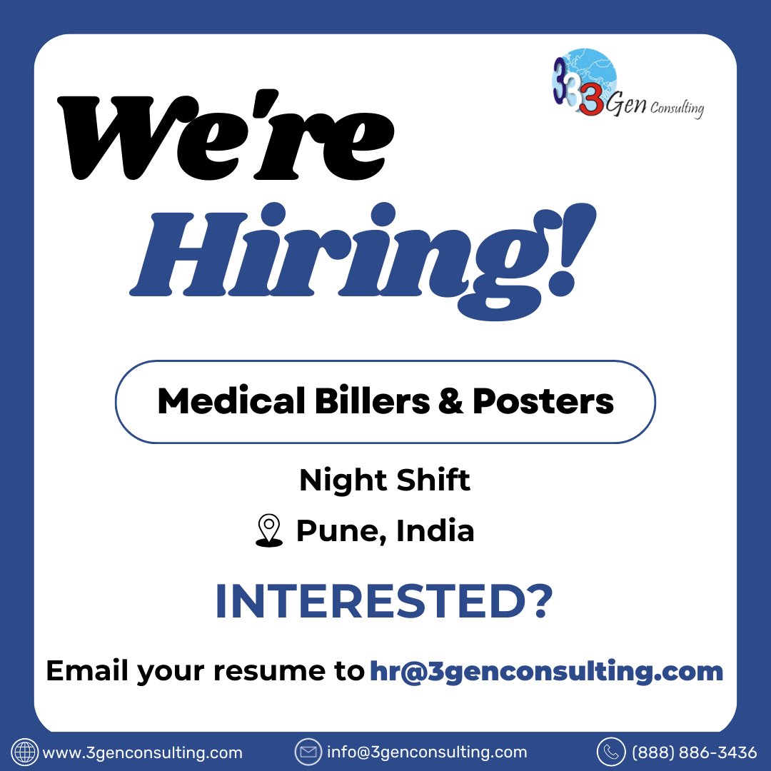 We're currently hiring Medical Billers & Posters for the night shift in Pune. If you're interested apply now: bit.ly/3xoDNoD

#3GenConsulting #hiring #jobs #medicalbilling