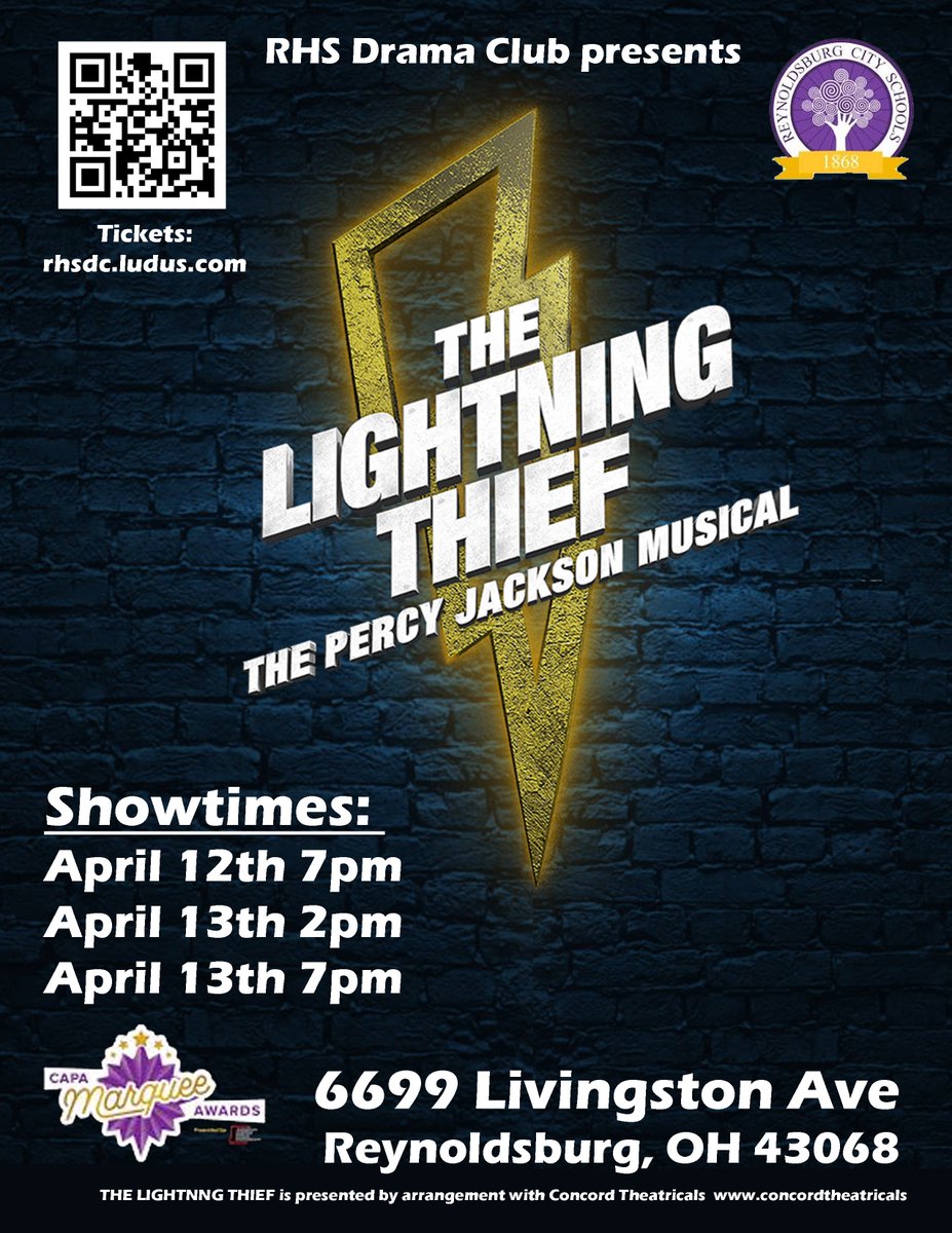 The curtain goes up this weekend for the Reynoldsburg High School Drama Club’s “The Lightning Thief: The Percy Jackson Musical.” Showtimes at Friday, April 12th 7pm; Saturday, April 13th 2pm & 7pm at Reynoldsburg High School-Livingston Campus. rhsdc.ludus.com