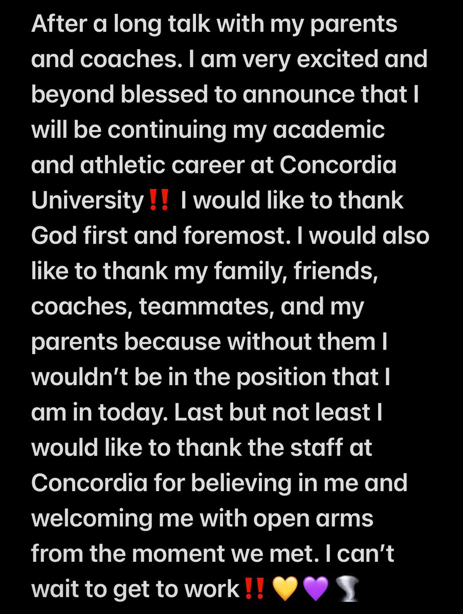 I am very excited to say that I will be committing to Concordia University‼️🌪️💜💛 @StanBonewitz @CoachAG1181 @CTXMBBALL @HuffmanHoops @tim_ford11 @tjfordacademy @TexasHoopsGASO @hardwoodtexas @Tabchoops