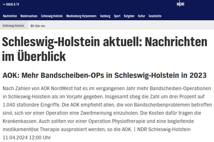 In #SchleswigHolstein wurden im vergangenen Jahr wieder mehr #Bandscheiben-Operationen durchgeführt, berichtet heute @ndr. Die #AOKNordWest rät Betroffenen eine ärztliche Zweitmeinung einzuholen.