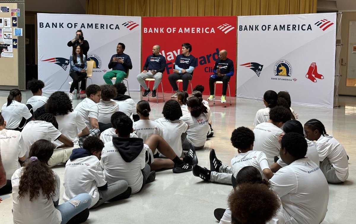 Miceal Chamberlain (@mg_chamberlain) on Twitter photo Kicking off the <a href="/bostonmarathon/">Boston Marathon</a> week with our <a href="/BankofAmerica/">Bank of America</a> Play it Forward Clinic in partnership with <a href="/RedSox/">Red Sox</a>, <a href="/Patriots/">New England Patriots</a> and <a href="/BAA/">Boston Athletic Association</a>. Students from <a href="/DearbornSTEM/">Dearborn STEM</a> participated in skills and drills with our legendary coaches <a href="/runmeb/">meb keflezighi</a>, <a href="/45PedroMartinez/">Pedro Martinez</a>, Coco Crisp, and <a href="/TedyBruschi/">Tedy Bruschi</a>. Kicking off the <a href="/bostonmarathon/">Boston Marathon</a> week with our <a href="/BankofAmerica/">Bank of America</a> Play it Forward Clinic in partnership with <a href="/RedSox/">Red Sox</a>, <a href="/Patriots/">New England Patriots</a> and <a href="/BAA/">Boston Athletic Association</a>. Students from <a href="/DearbornSTEM/">Dearborn STEM</a> participated in skills and drills with our legendary coaches <a href="/runmeb/">meb keflezighi</a>, <a href="/45PedroMartinez/">Pedro Martinez</a>, Coco Crisp, and <a href="/TedyBruschi/">Tedy Bruschi</a>.