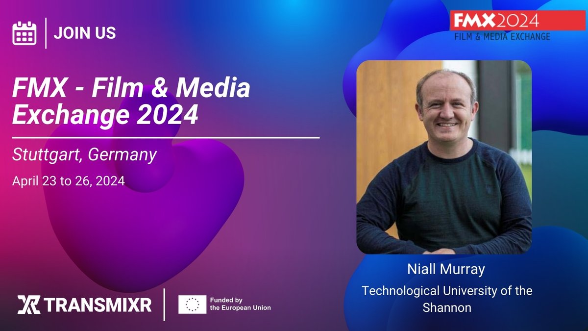 TRANSMIXR's tweet image. 🥁Exciting news! 🥁
Niall Murray coordinator of the @TRANSMIXR project, will be attending the @FMX_Conference in Stuttgart, and participating in the #EU XR panel discussion: fmx.de/en/program/pro… 

Check out the full program here ➡️ fmx.de/en/home

#transmixr #fmx2024