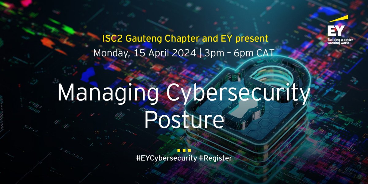 The ISC2 Gauteng Chapter Event is taking place on 15 April, please register to join online or in person. Limited spots available. Looking forward to connecting with you! Register here: go.ey.com/3xxccSj #EYCybersecurity