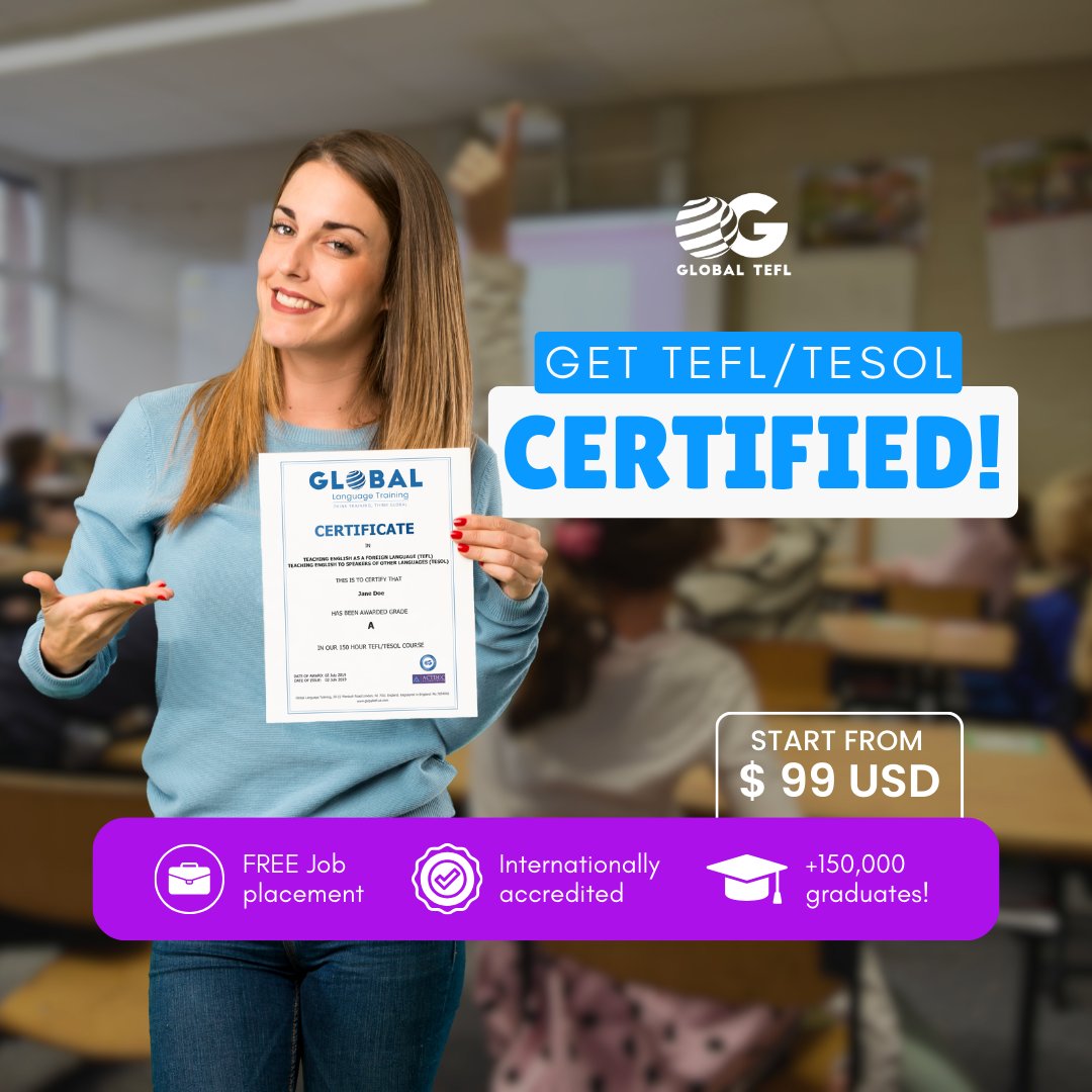 Our internationally accredited and accepted TEFL certificate courses are your gateway to a world of opportunities! 🎓Accreditation ensures our certification meet rigorous standards🌟 bit.ly/3snNaiz 
-
#GlobalTEFL #TEFL #TeachAbroad #TeachOnline #Accredited #Certificatio